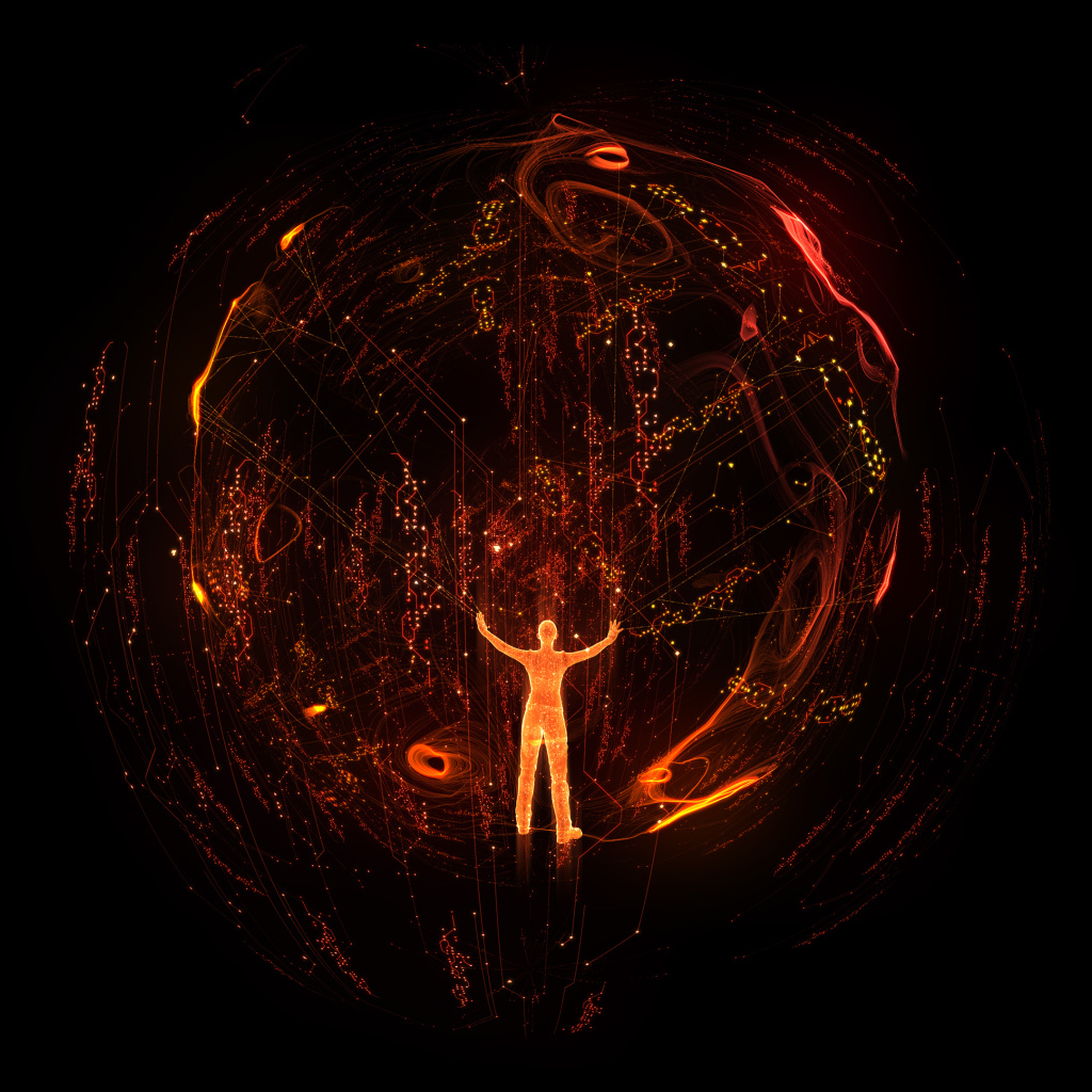 Огненный человек в сфере на черном фоне