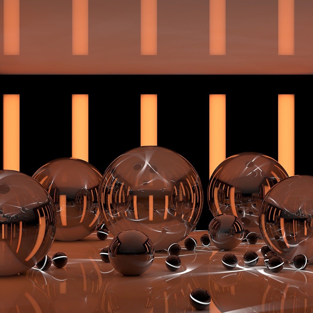 Глянцевые шары на поверхности с неоновыми полосками 