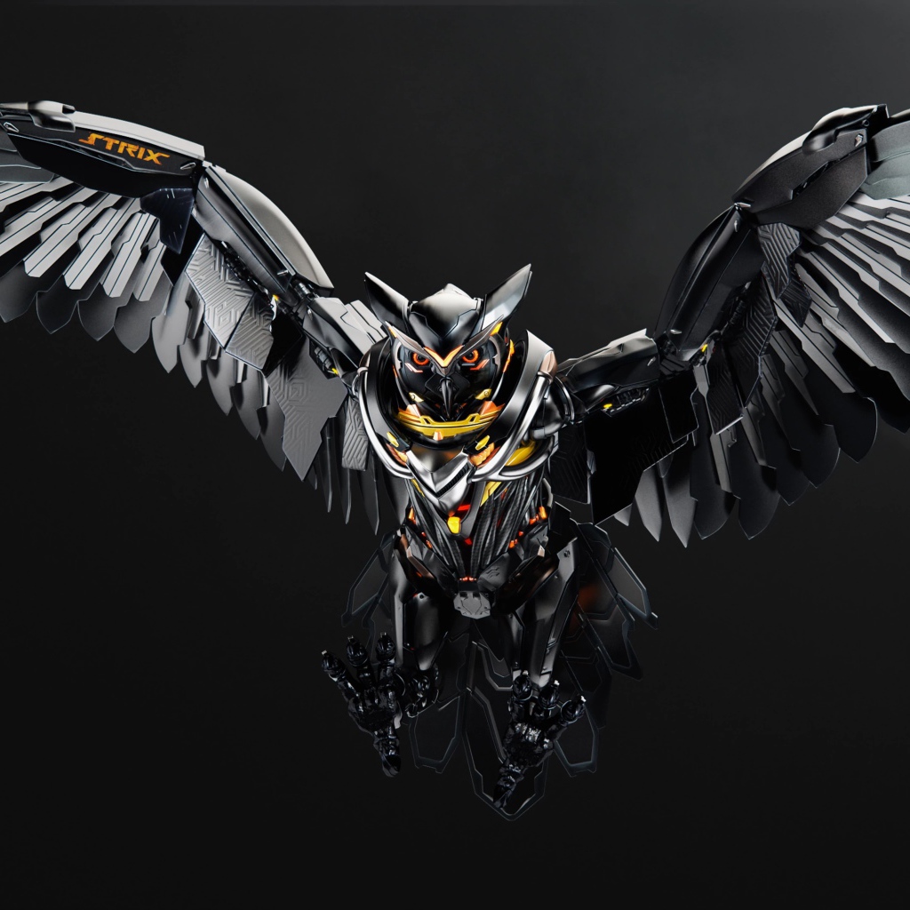 Железная сова на сером фоне 3д графика