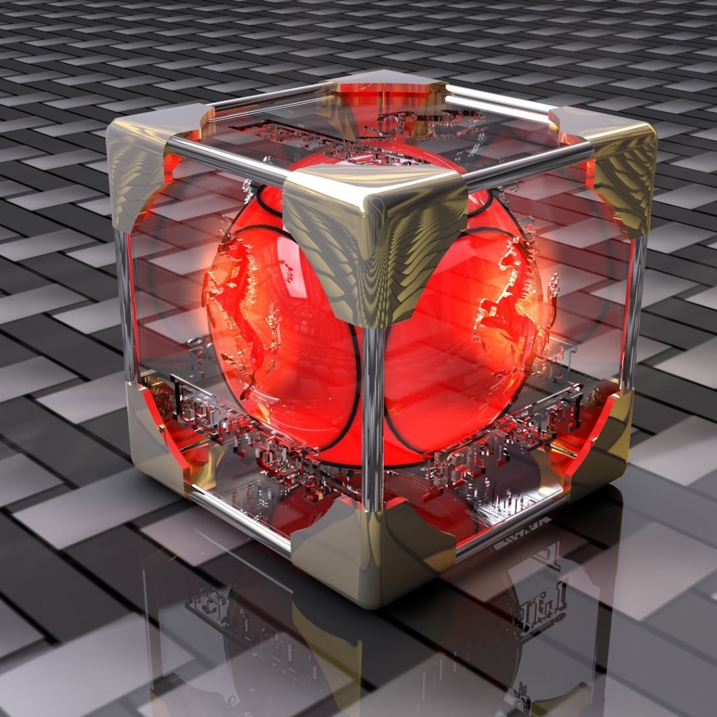 Красный шар в стеклянном кубе 3D графика 