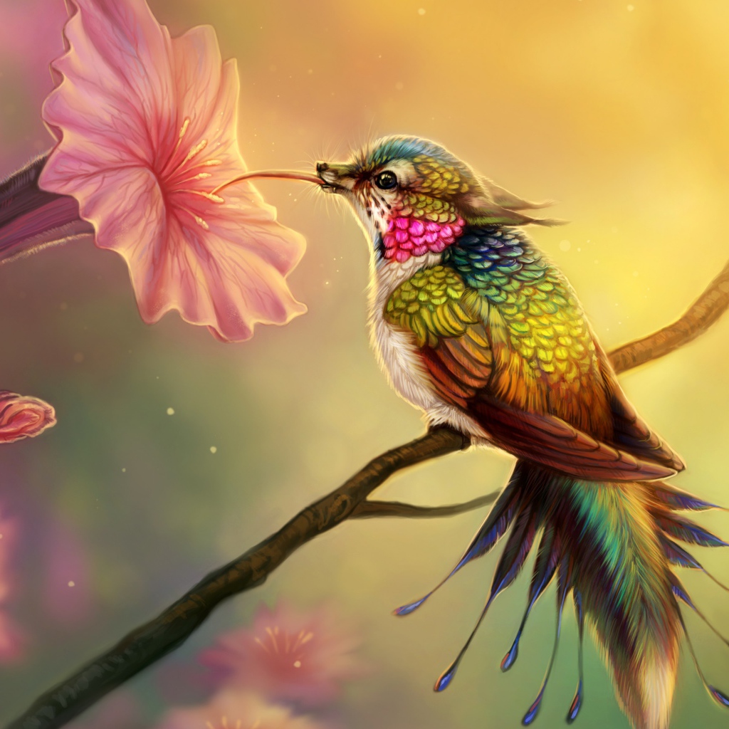 Фантастическая птица колибри пьет нектар из цветка