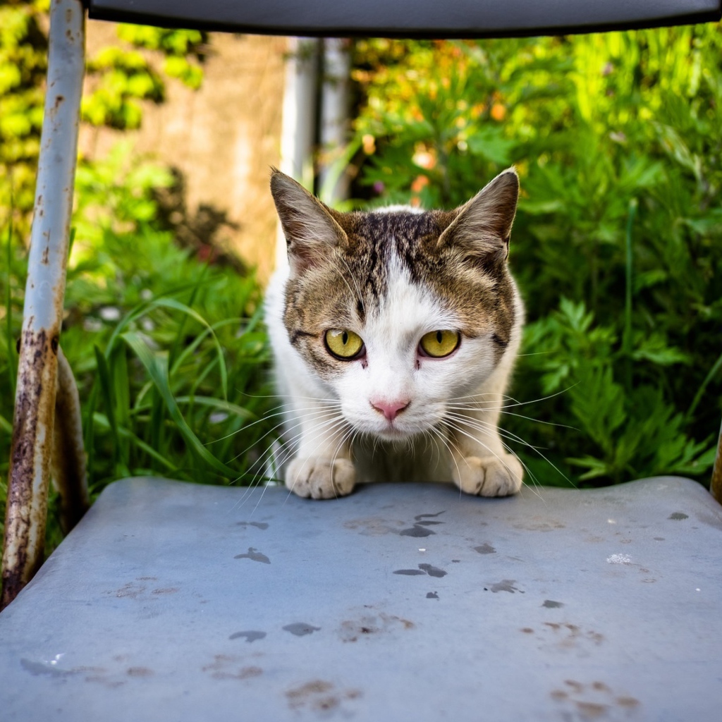 Испуганная кошка сидит на стуле
