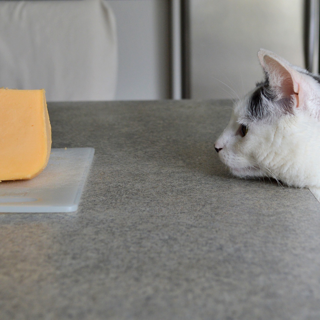 Кот смотрит на кусок сыра на столе