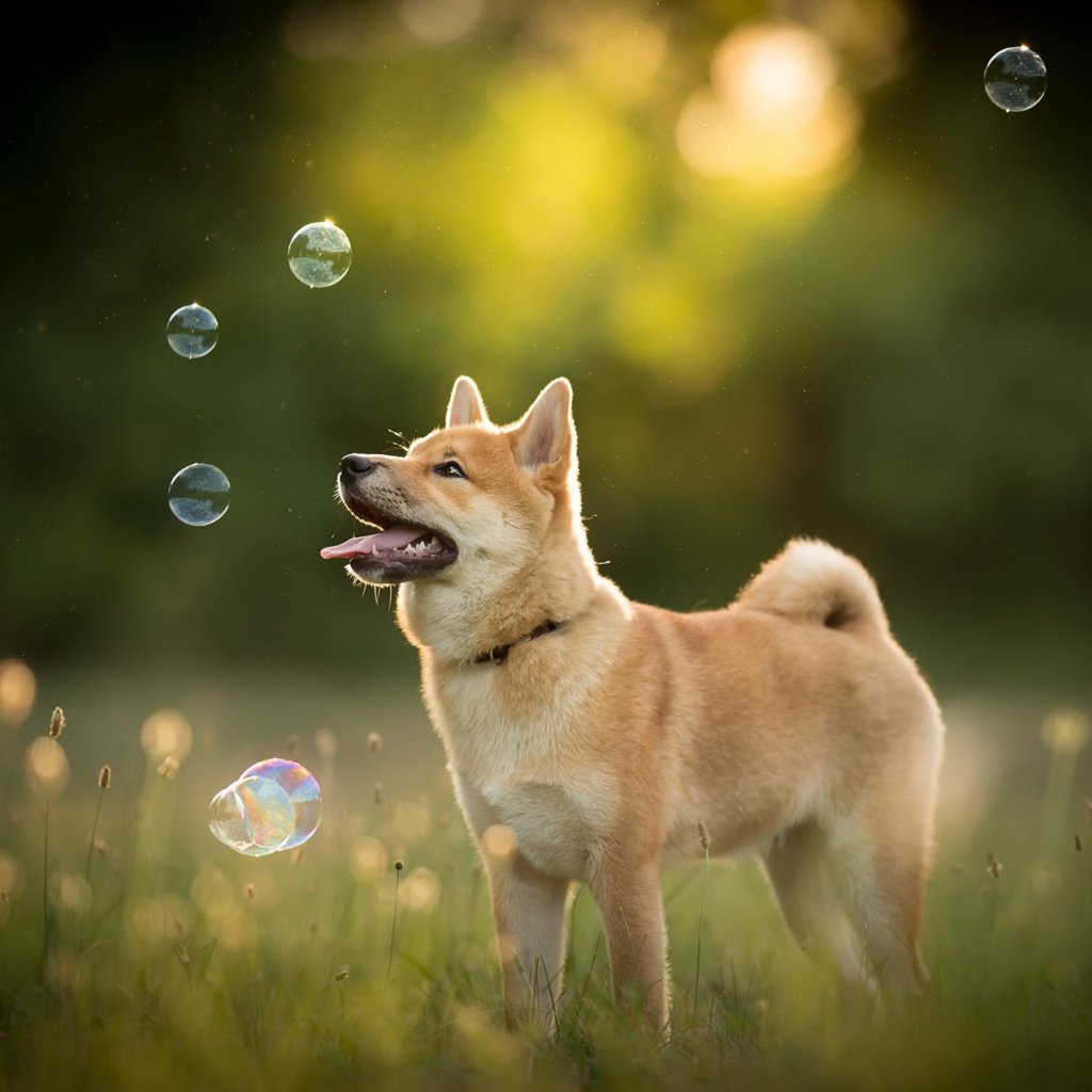 Собака породы акита ину ловит мыльные пузыри