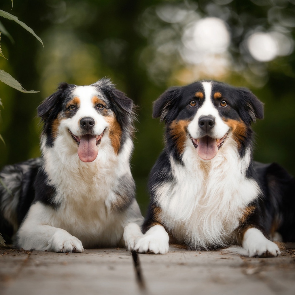 Две австралийские овчарки лежат в высунутым языком