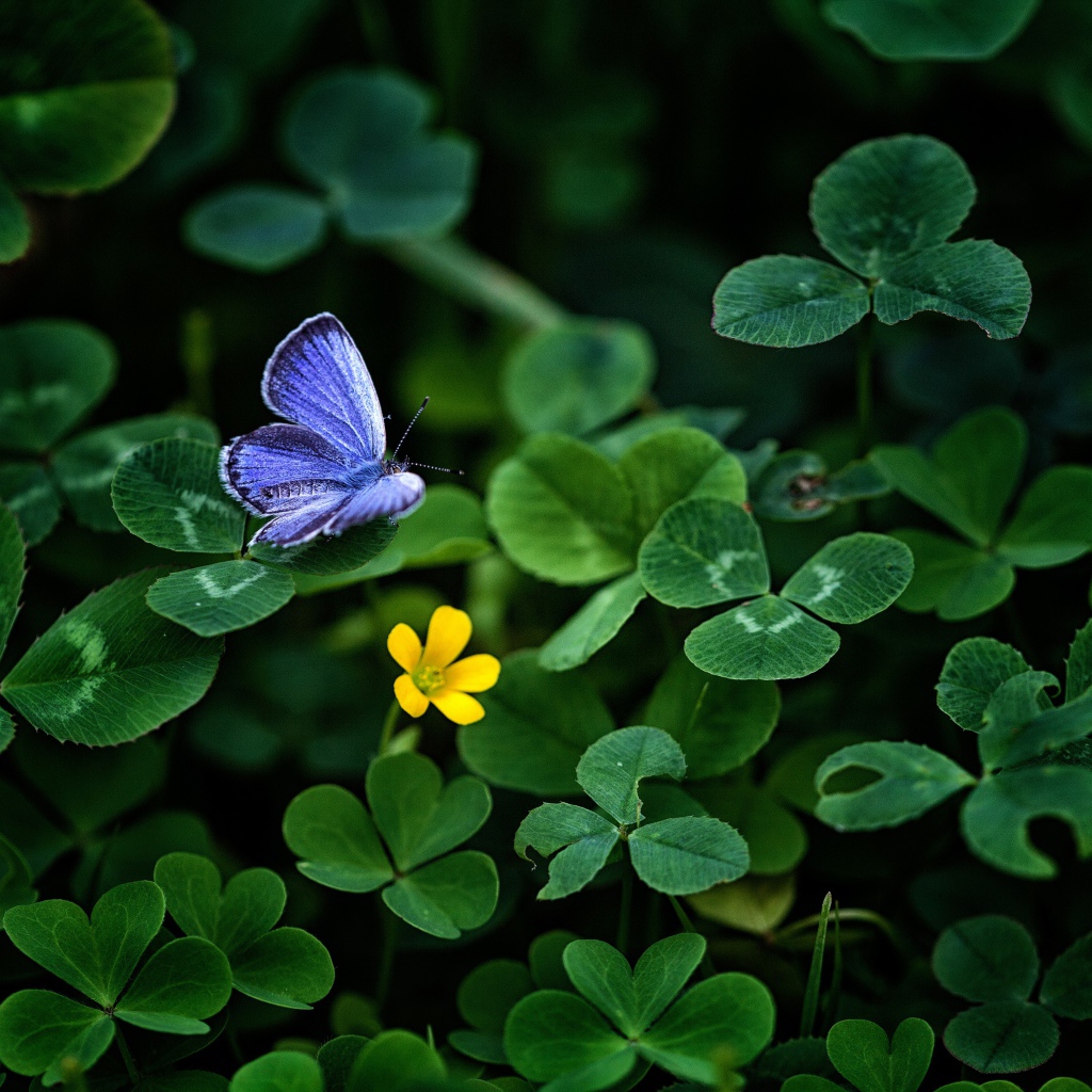 Маленькая голубая бабочка сидит на зеленом листе