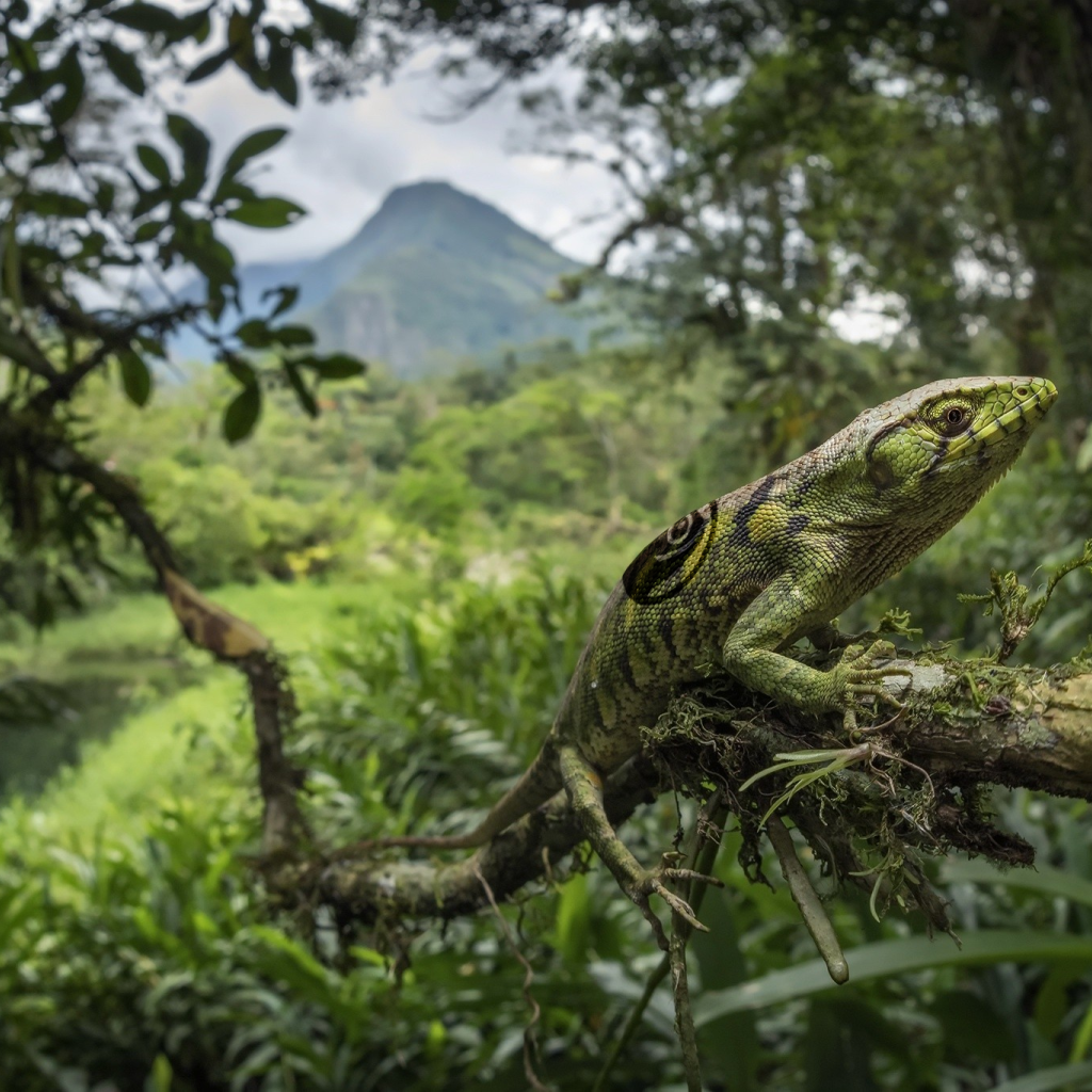 Зеленая большая ящерица на ветке дерева