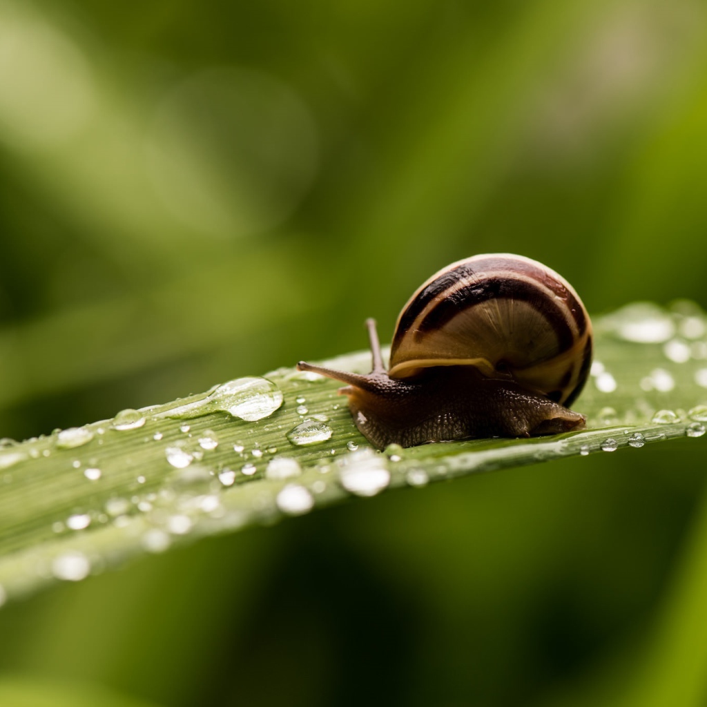 Улитка сидит на покрытом росой зеленом листе