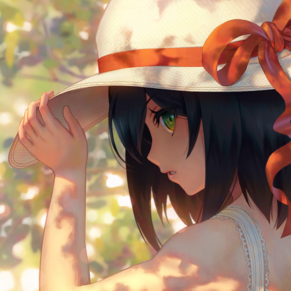 Аниме девушка в шляпе с красным бантом 