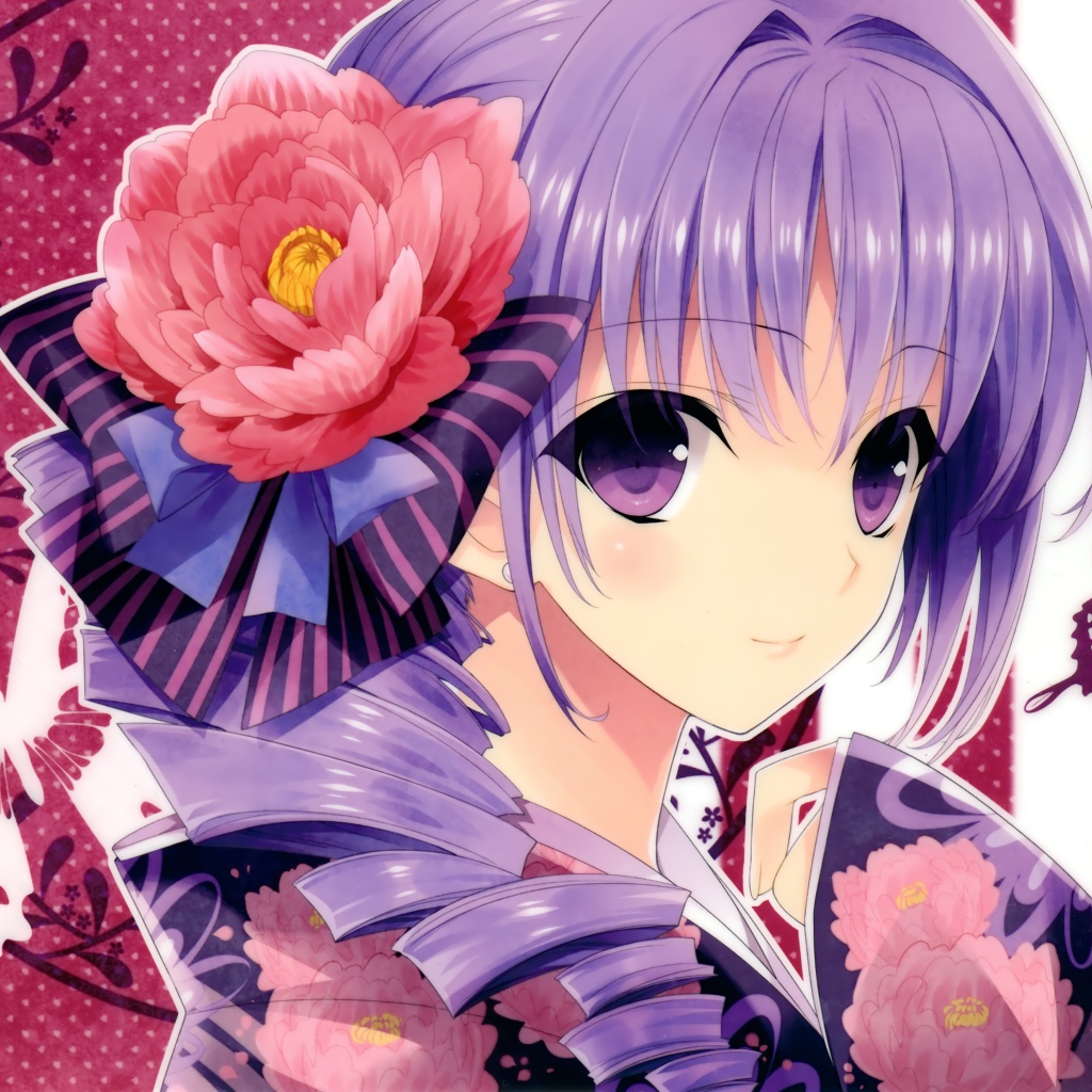 Девушка аниме в кимоно и большим красным цветком в волосах