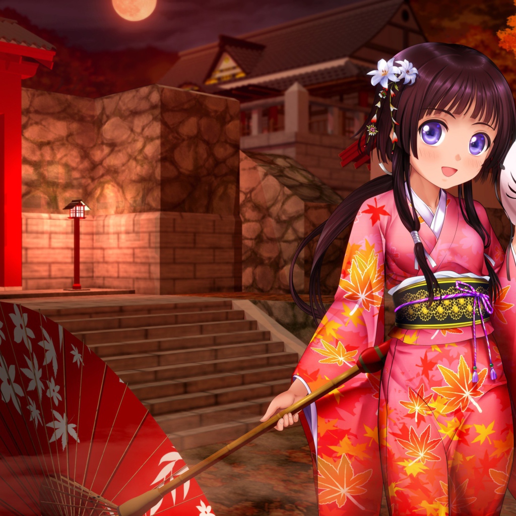 Аниме девушка с зонтом и в кимоно 