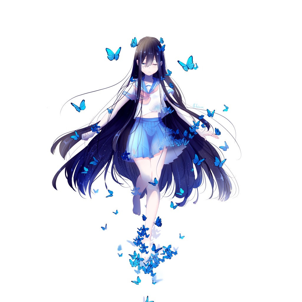 Девушка аниме с длинными волосами с голубыми бабочками на белом фоне