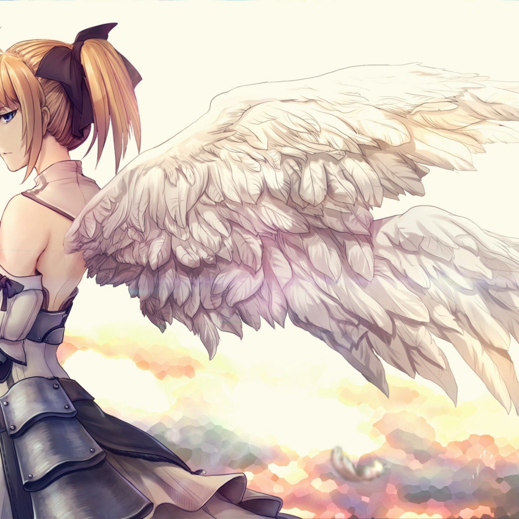 Девушка аниме с белыми крыльями ангела 