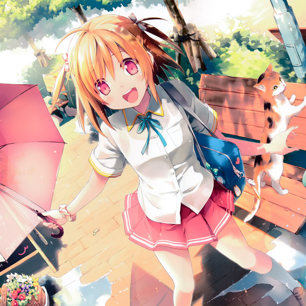 Веселая девушка аниме с розовым зонтом