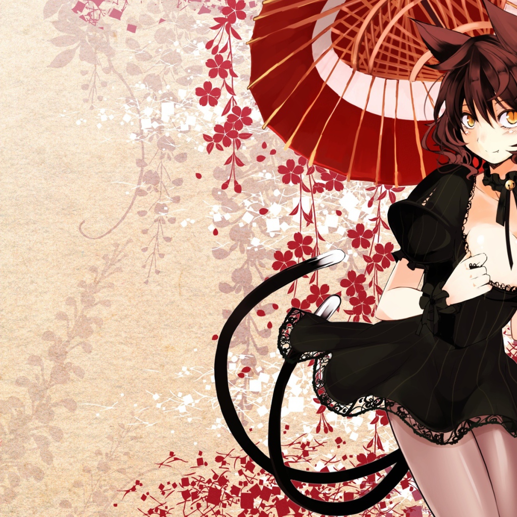 Девушка кошка под зонтом аниме 