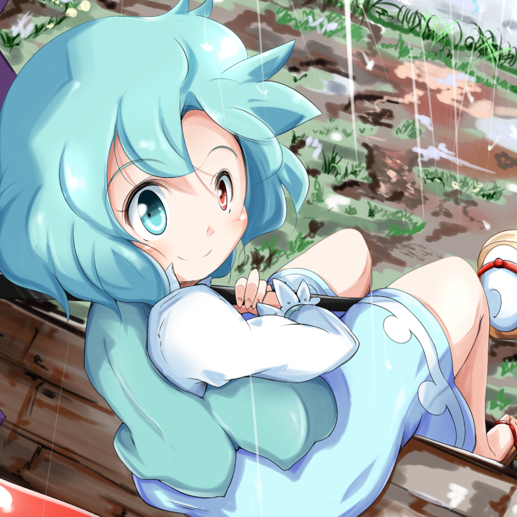 Девушка с голубыми волосами под дождем аниме Touhou 