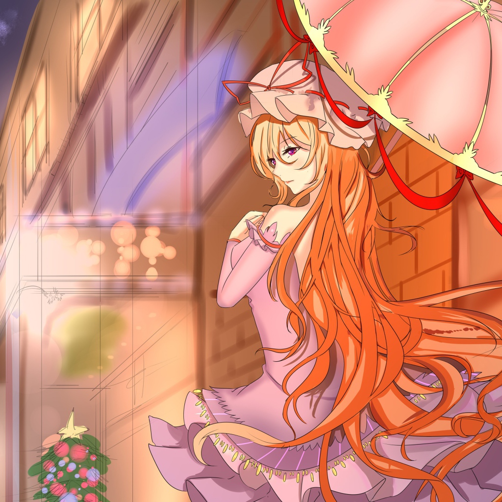 Девушка с рыжими волосами под розовым зонтом аниме 