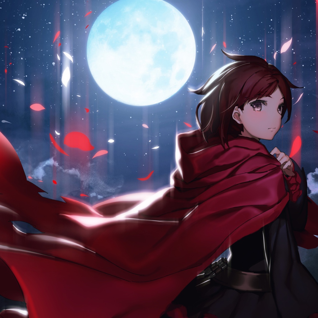 Руби Роуз на фоне полной луны аниме RWBY 