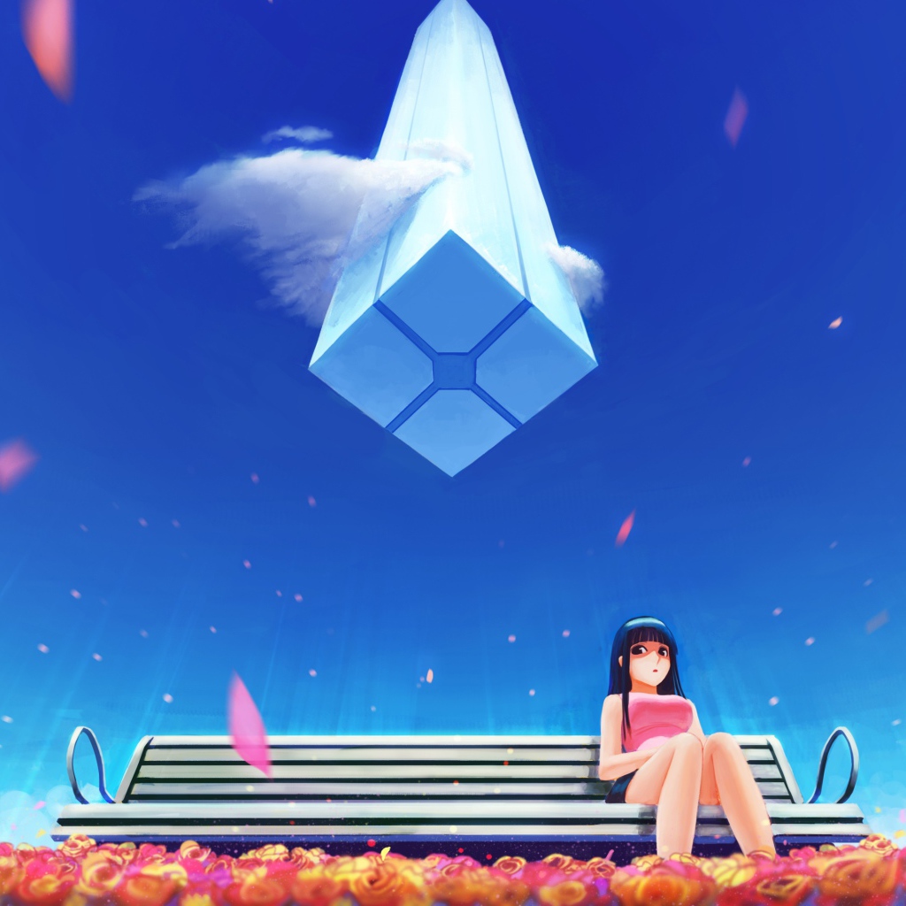 Девушка аниме на фоне голубого неба  