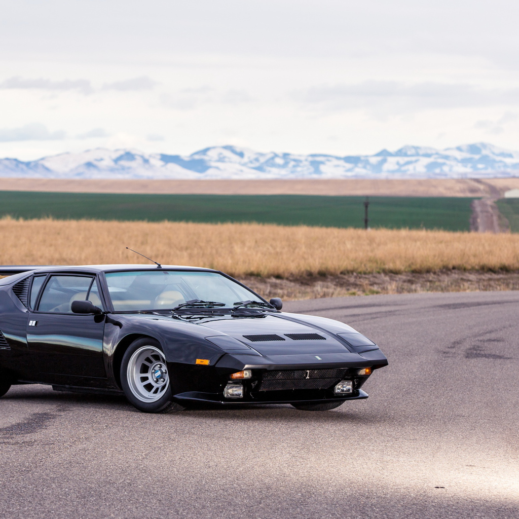 Черный быстрый автомобиль De Tomaso Pantera на фоне поля