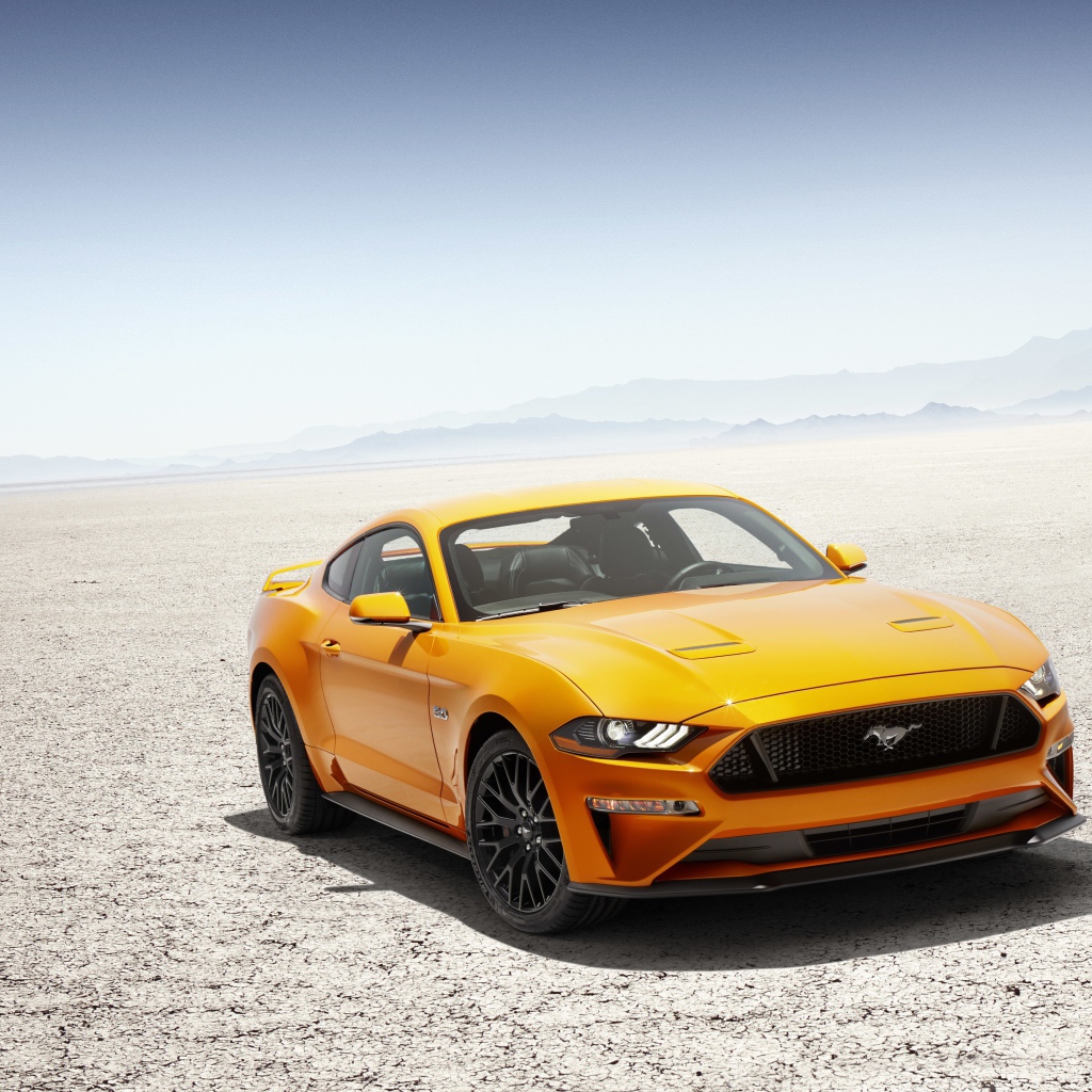 Оранжевый автомобиль Ford Mustang под палящим солнцем