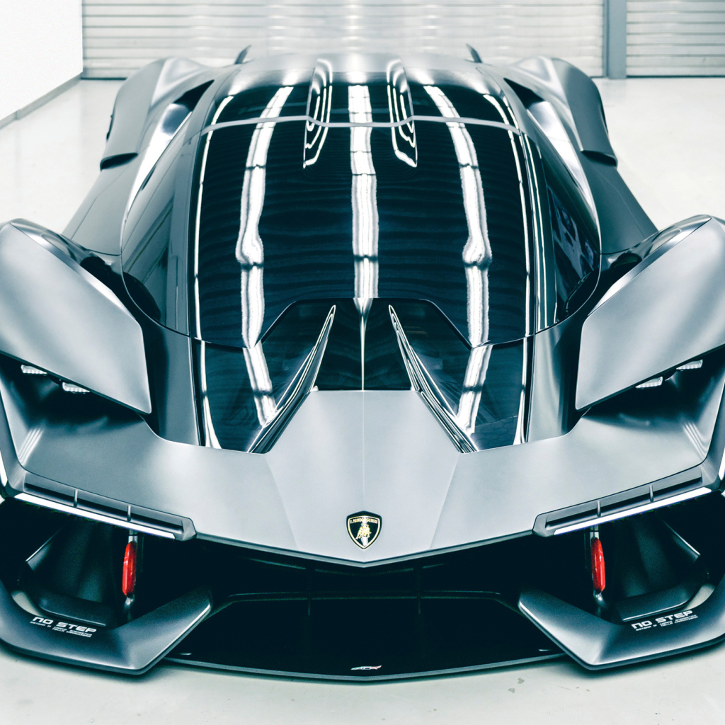 Эффектный черный спортивный суперкар Lamborghini Terzo Millennio вид спереди