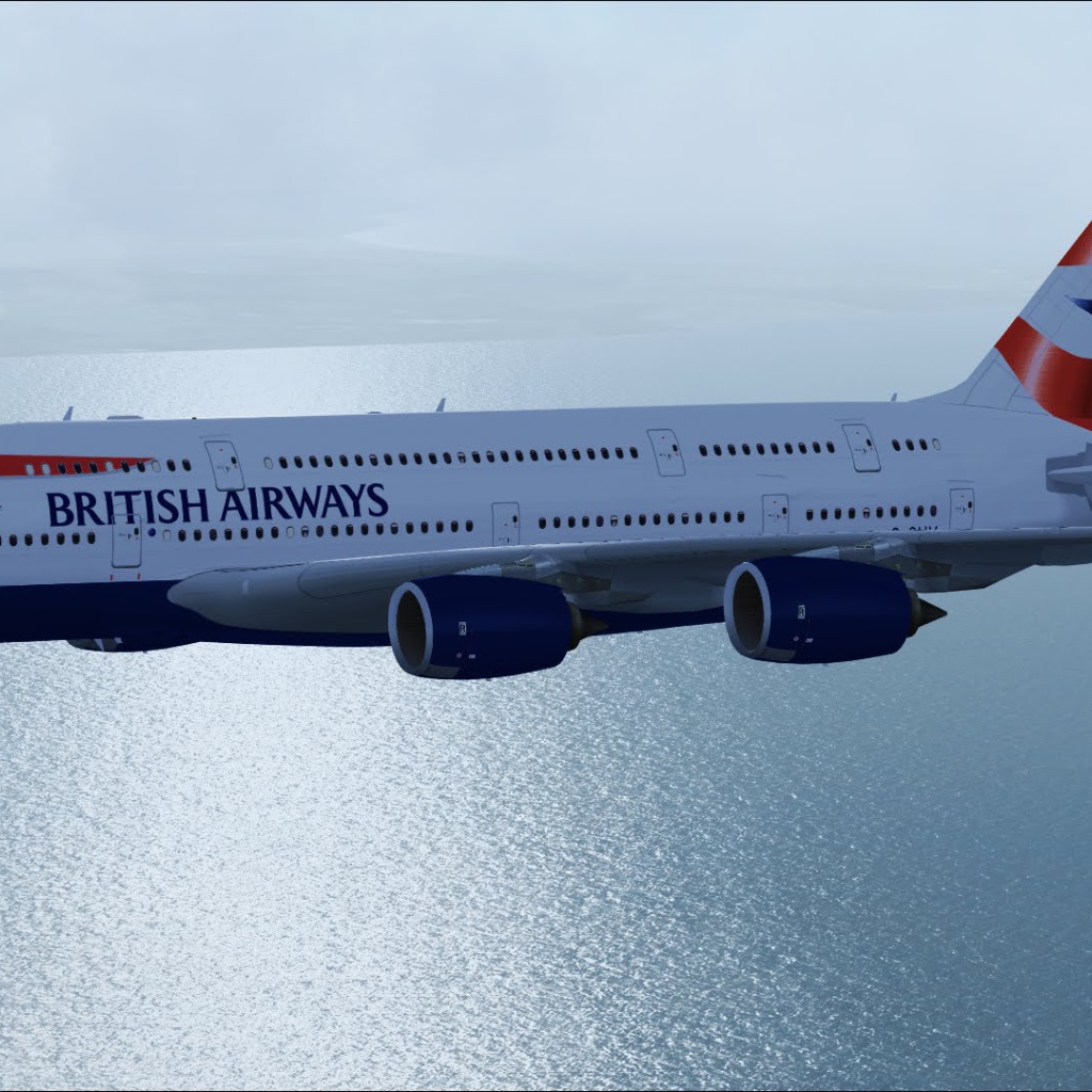 Самолет Airbus A380 British Airways летит над океаном 