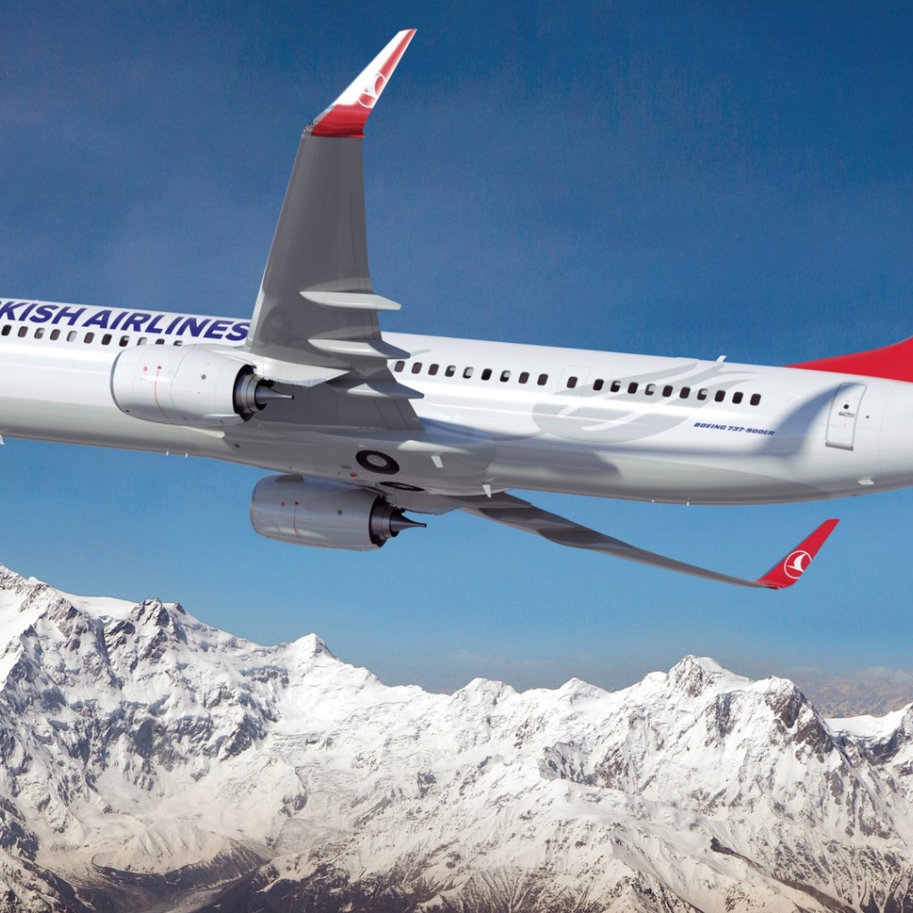Boeing 737 - 900ER авиакомпании Turkish Airlines пролетает над заснеженными горами