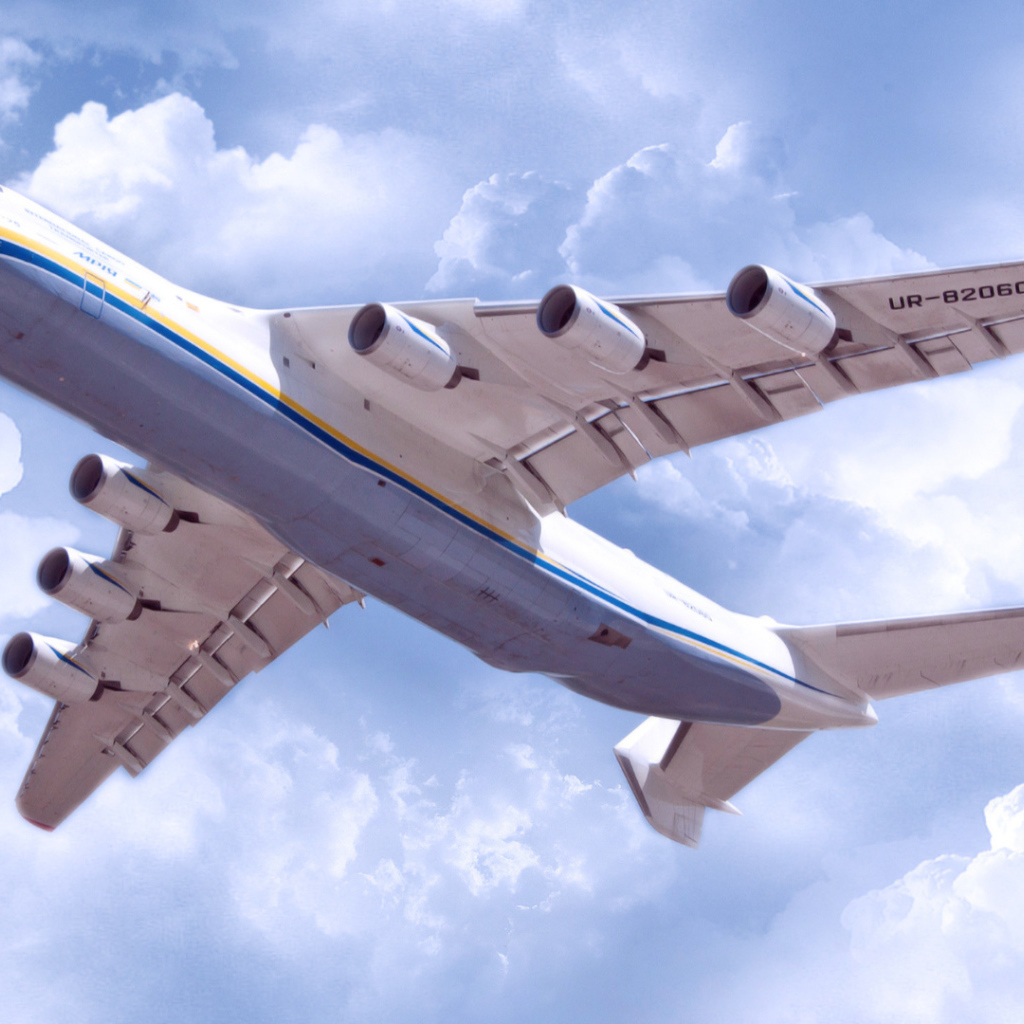 The transport jet AN-225 Mriya flight under the clouds