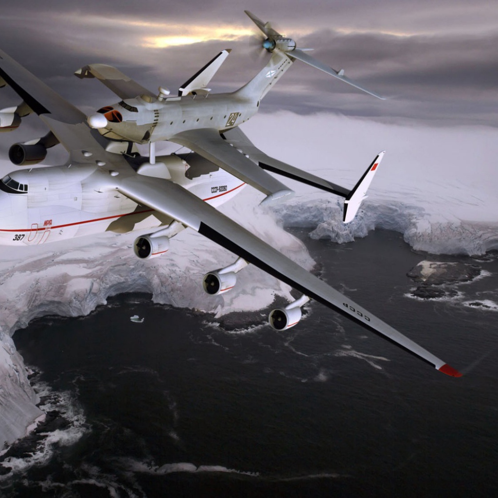 Полет транспортного самолета АН-225 Мрия над  Северным ледовитым океаном