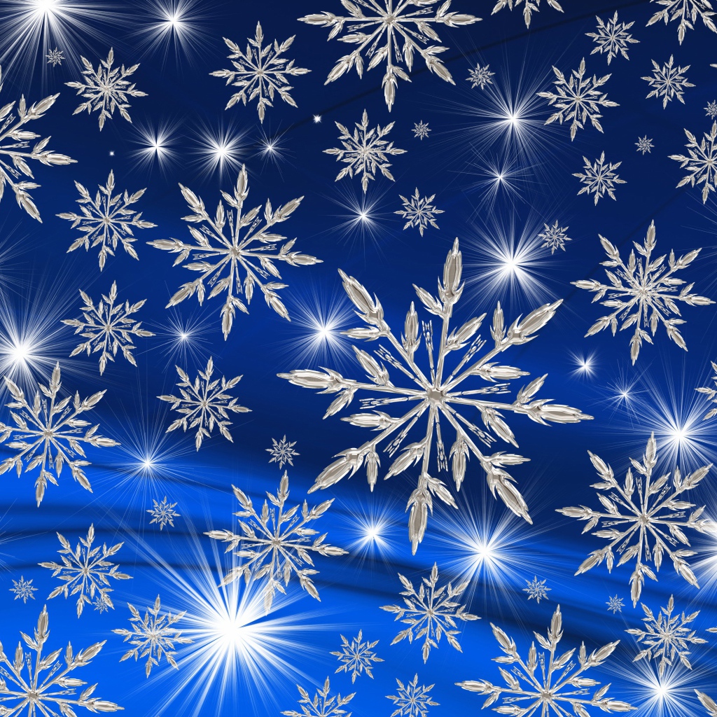 Ярки звезды и белые снежинки на голубом фоне