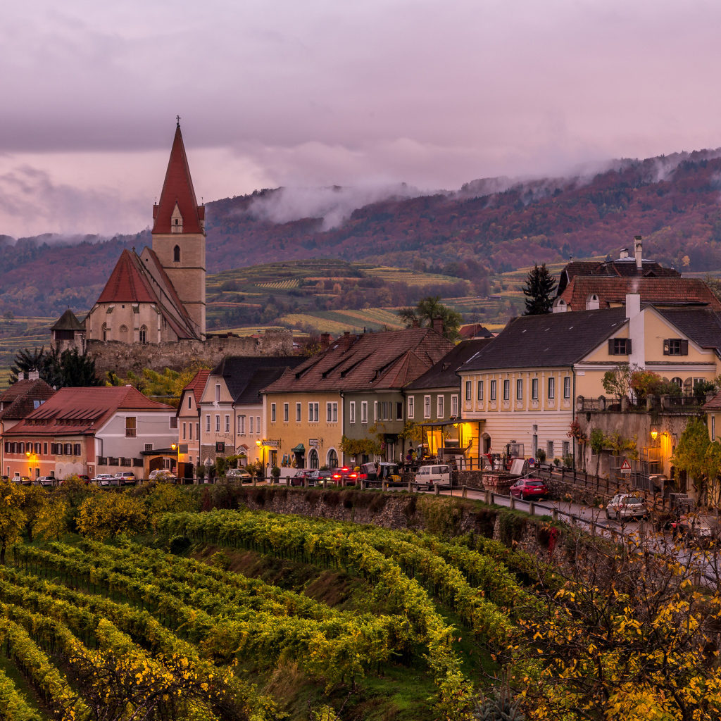 Дома и церковь в городе, Австрия 