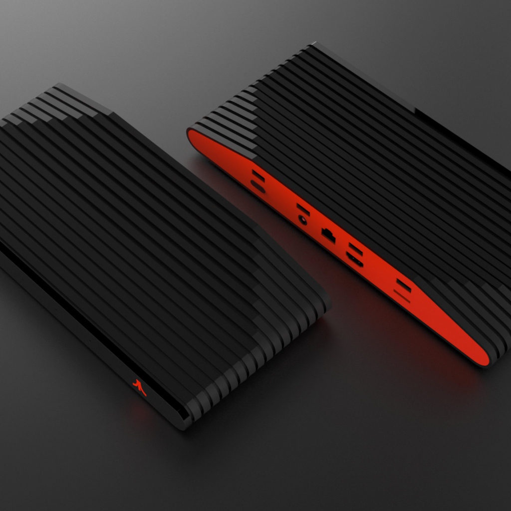 Новый игровой консоль Ataribox, 2018 на сером фоне