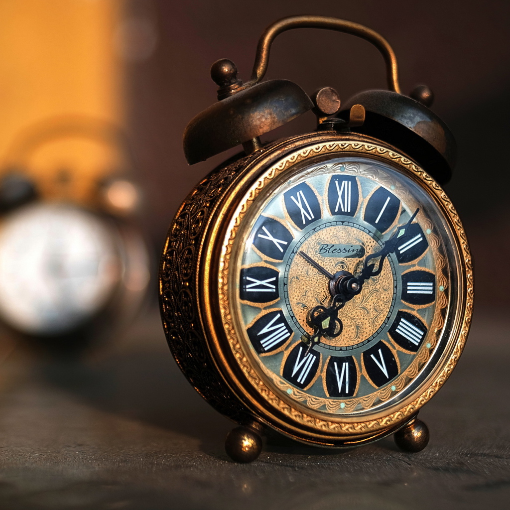 Красивый ретро будильник с черными стрелками