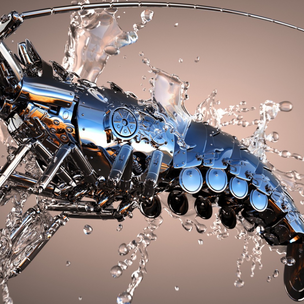 Механический рак в каплях воды 