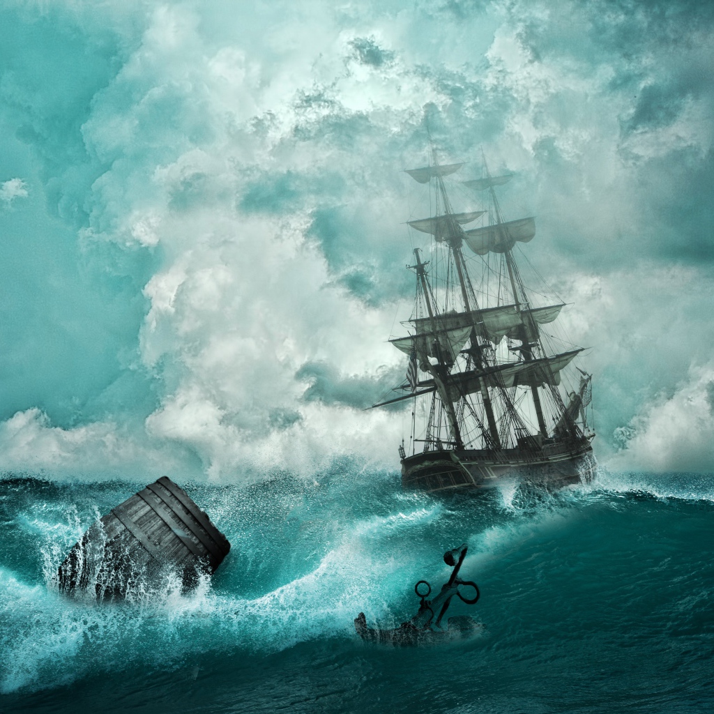 Пиратский корабль в бушующем океане во время шторма