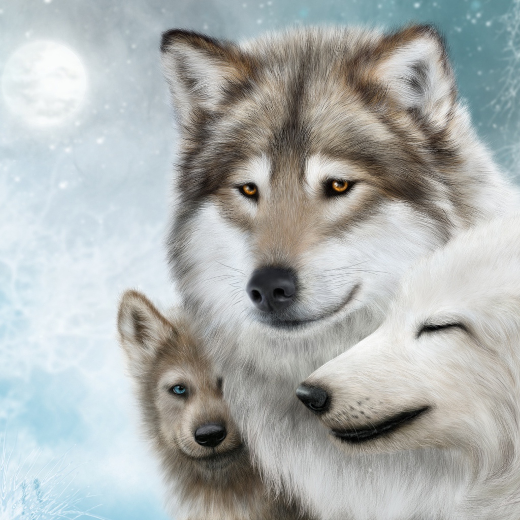 Семья из трех волков зимой, рисунок