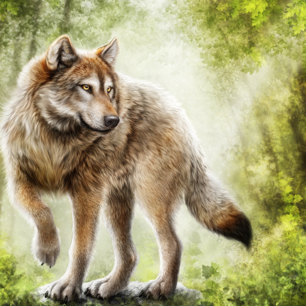 Нарисованный большой волк стоит в лесу