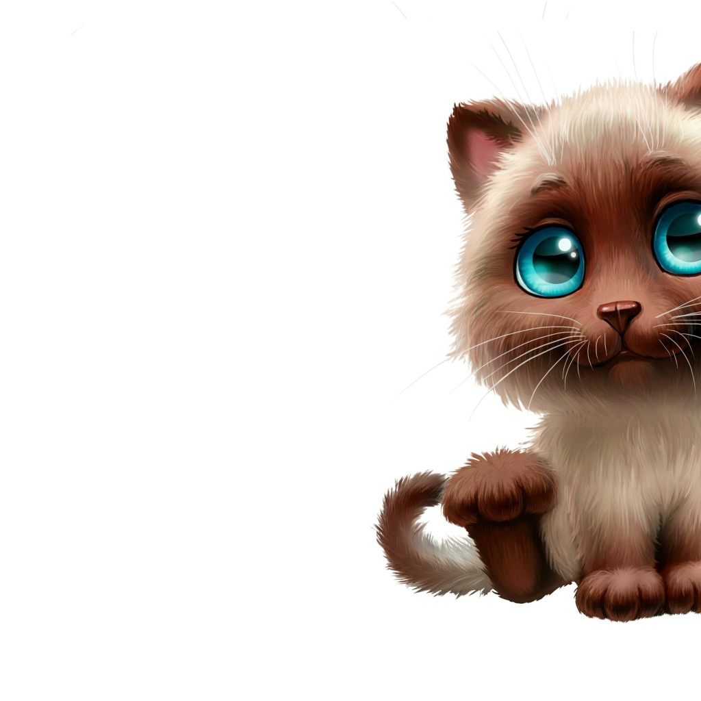 Нарисованный милый котенок с большими глазами на белом фоне