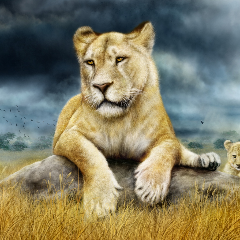 Нарисованная львица с маленькими львятами