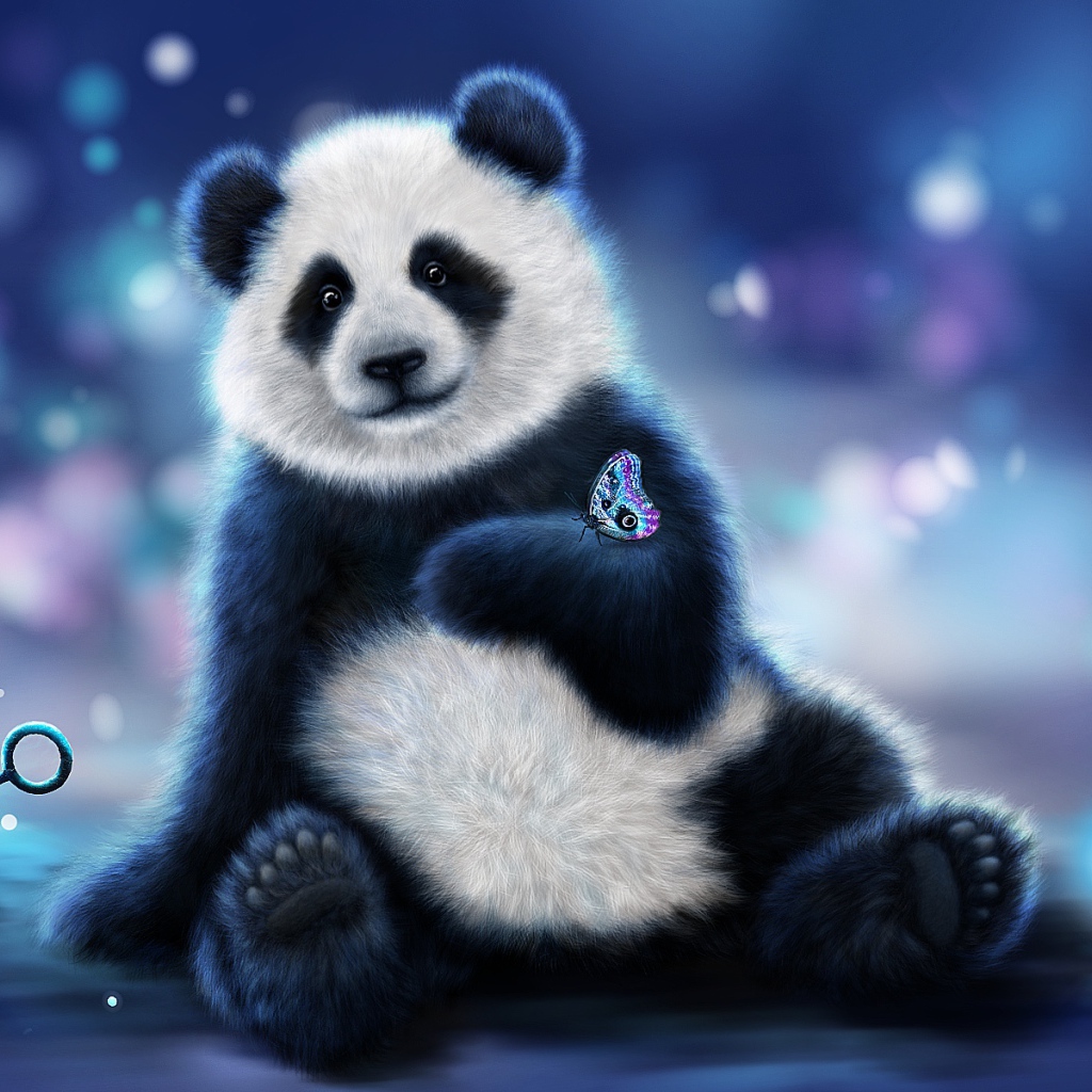 Painted panda bear with a butterfly on its paw