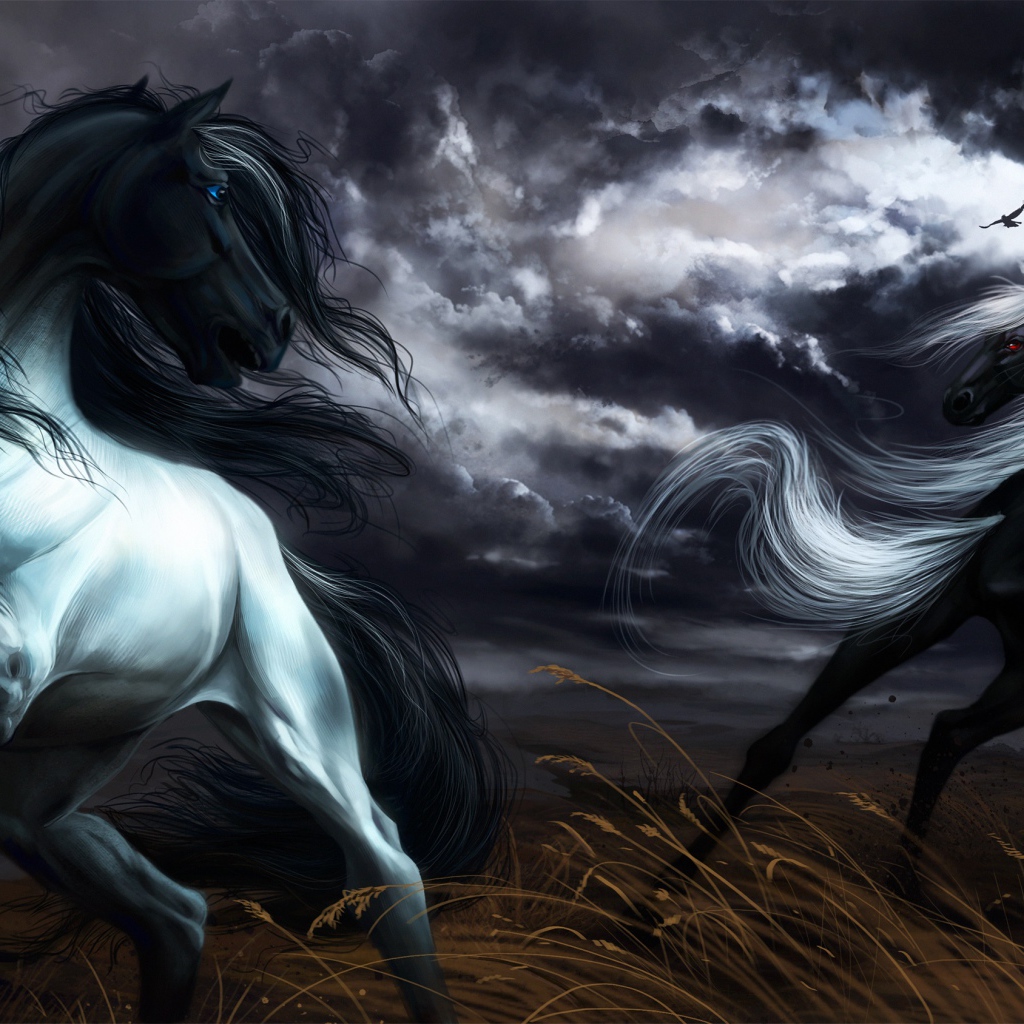 Две нарисованные черные лошади скачут под грозовым небом