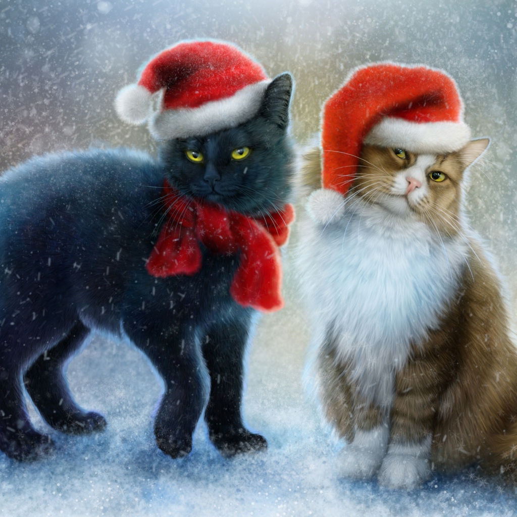 Два нарисованных кота в новогодних шапках на снегу