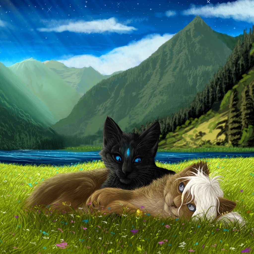 Две нарисованные кошки лежат на зеленой траве на фоне гор