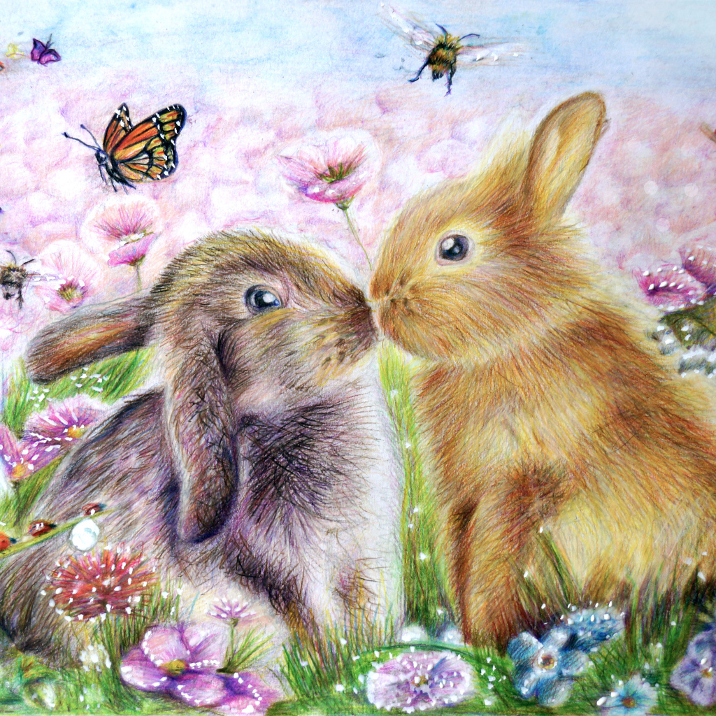 Two painted rabbits with butterflies