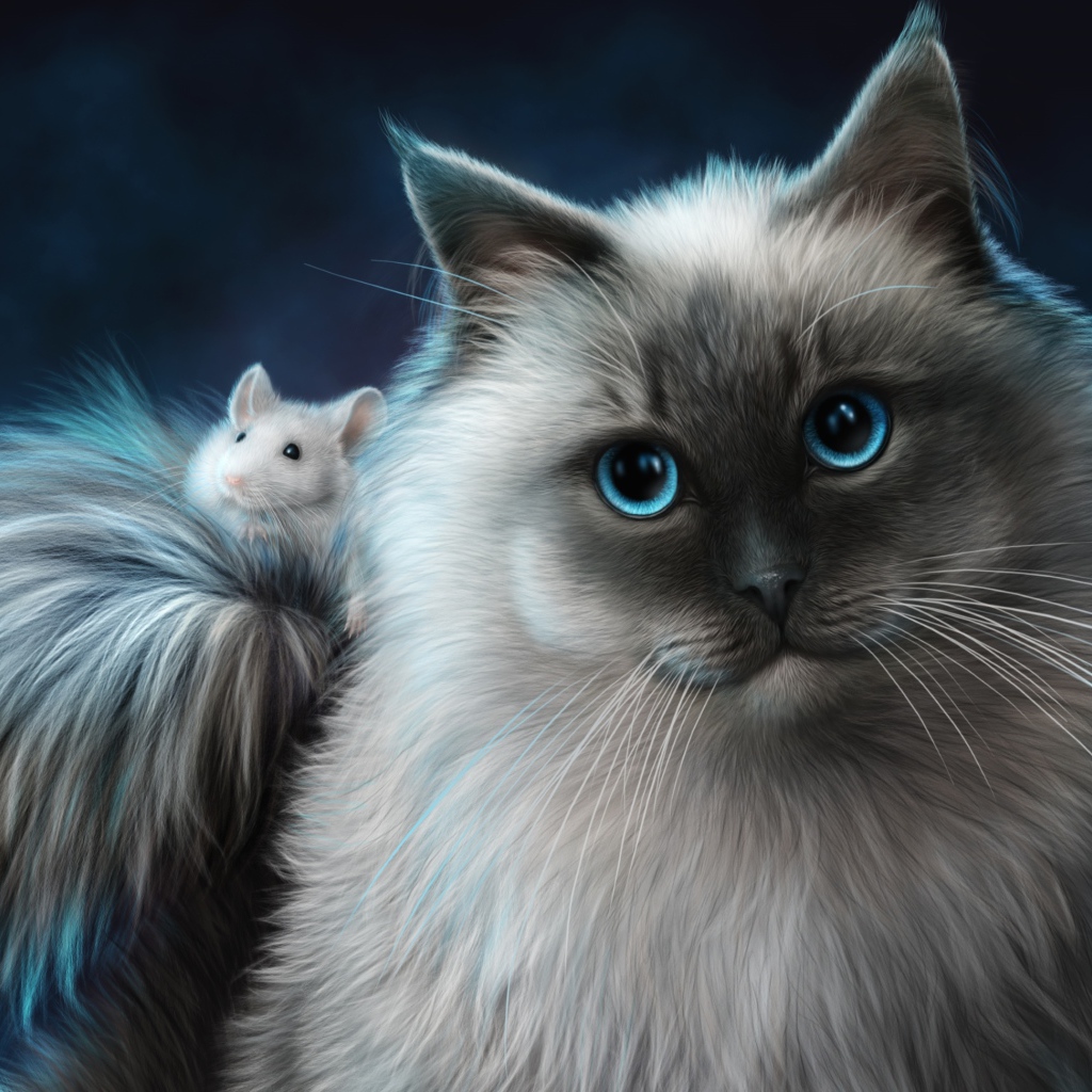 Большой пушистый фантастический кот с белым мышонком