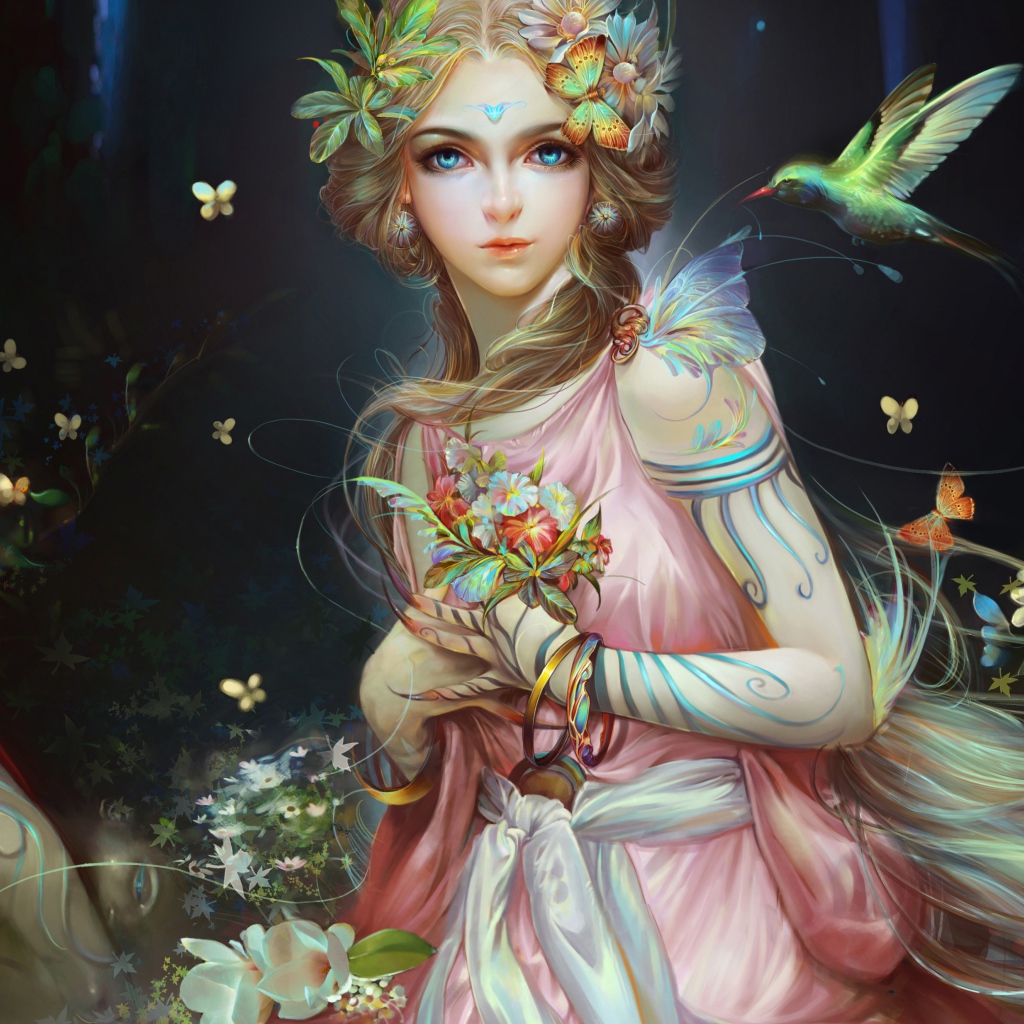 Красивая фантастическая девушка с необычными цветами