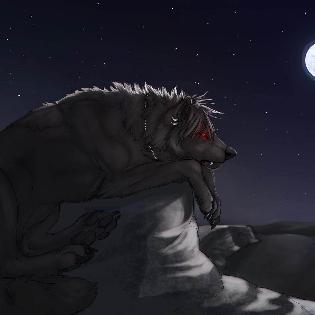 Большой черный волк на камне под луной