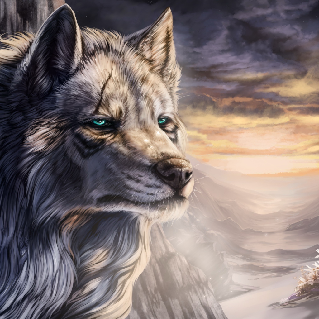 Большой фантастический волк с зелеными глазами