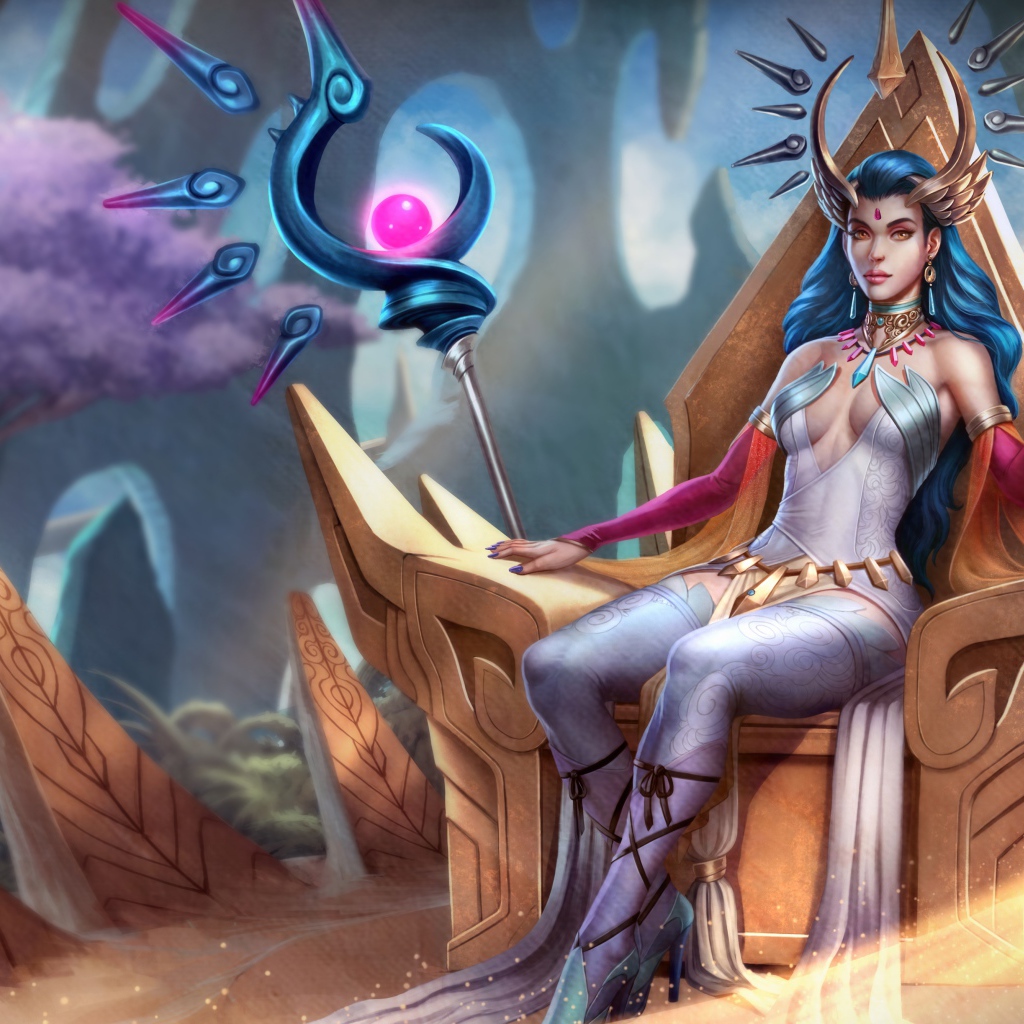 Фантастическая девушка маг сидит на троне